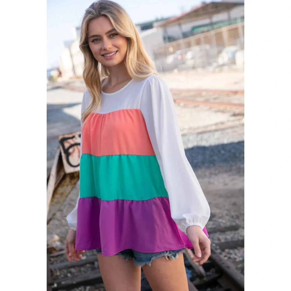 Purple Orange Teal Colorblock Tiered Ruffle Top Oversized Blouse S M L 1X 2X 3X - Picture 7 of 9